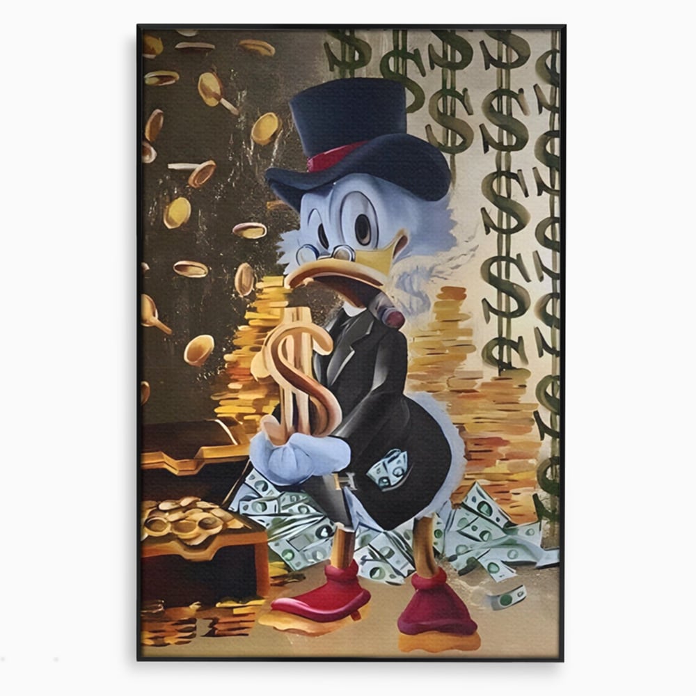 Tablou canvas cu tablou canvas cu scrooge duck si bani, in rama de aluminiu negru